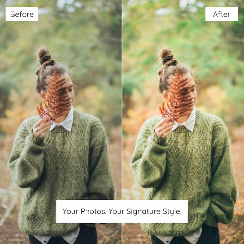 Before and after comparison of a person holding a dried leaf in front of their face outdoors Enhanced with Fern Lightroom Presets