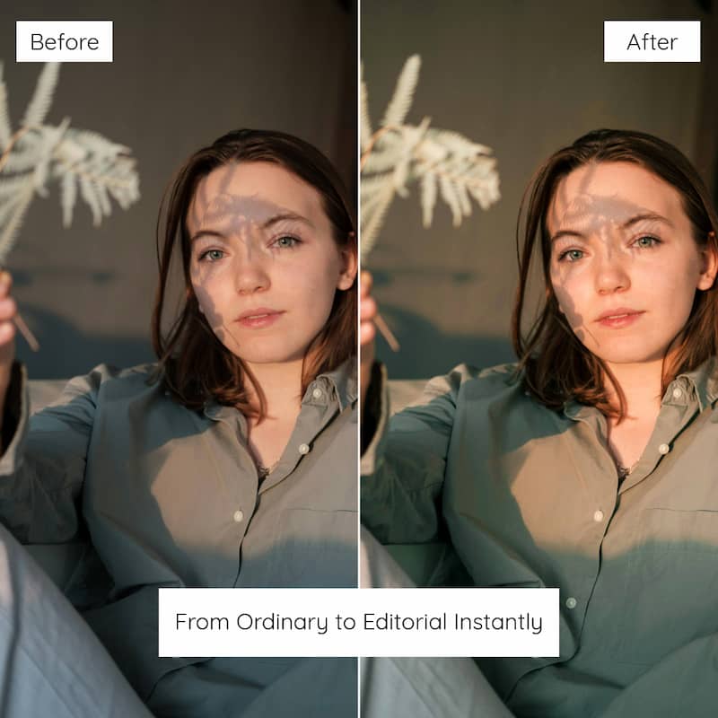 Before and after comparison of a woman holding branches,  Enhanced with Fern Lightroom Presets