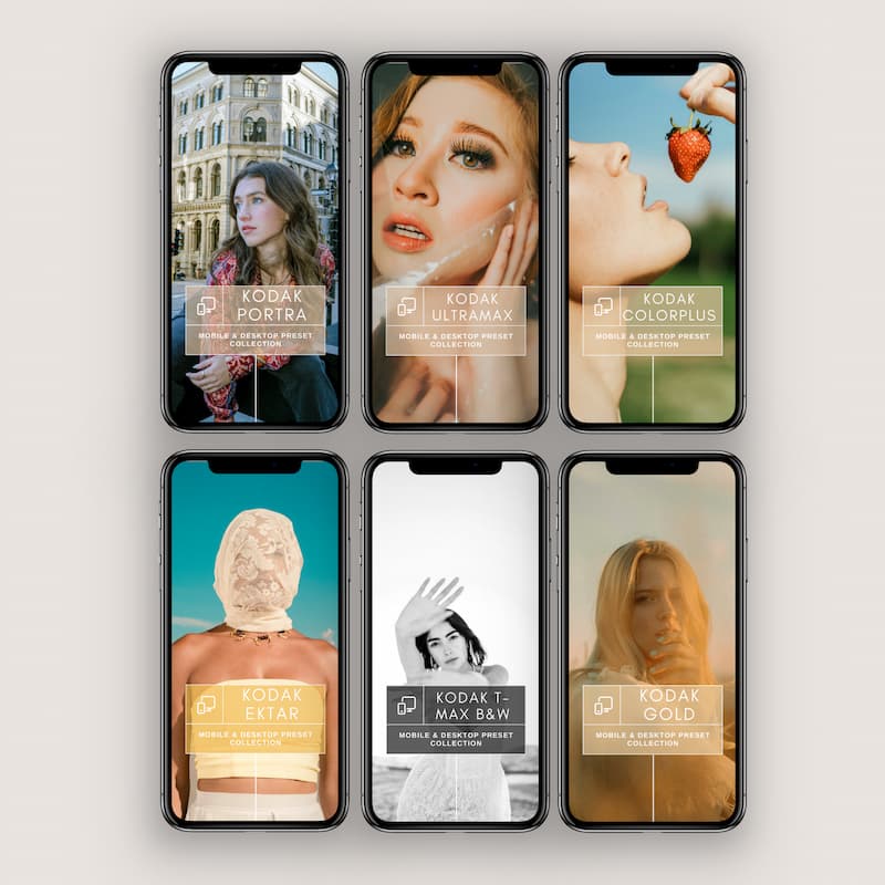 Multiple smartphone screens displaying various images with Kodak Lightroom Presets