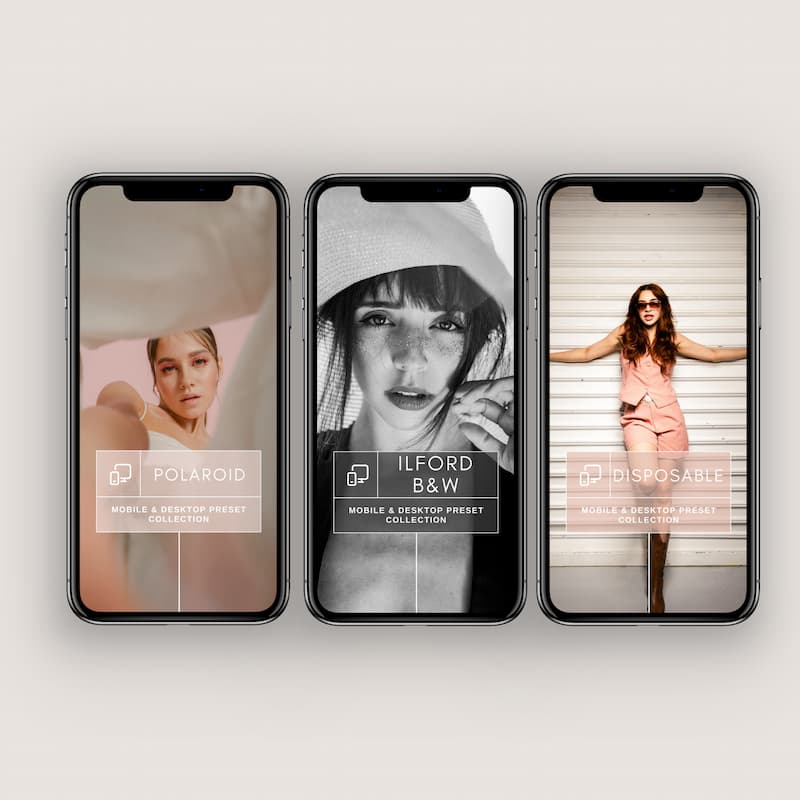 Three smartphones displaying different photo editing with film presets by PlayPresets