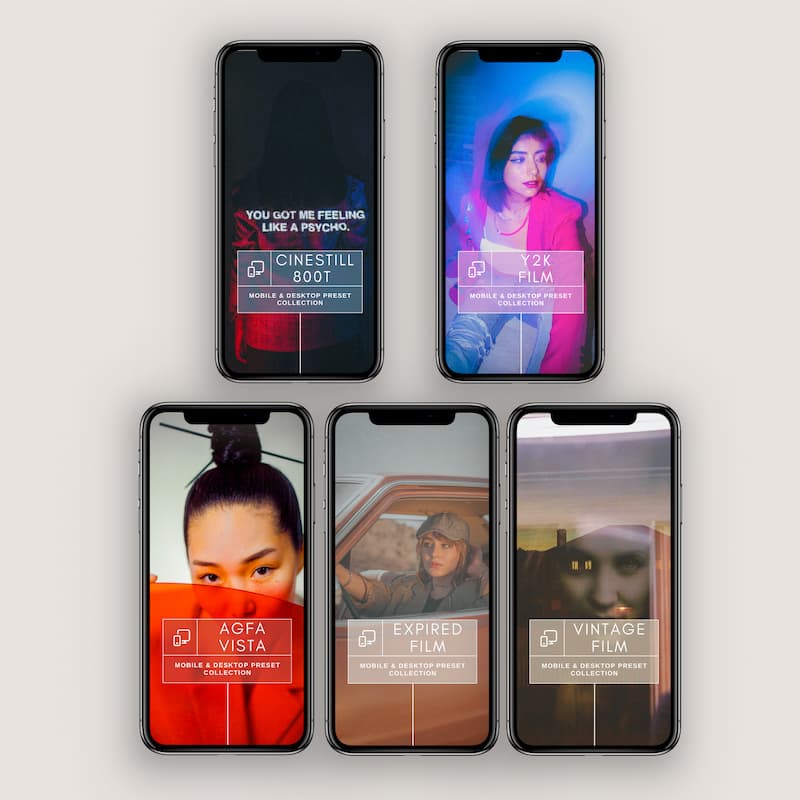 Five smartphones displaying different film Presets by Play Presets