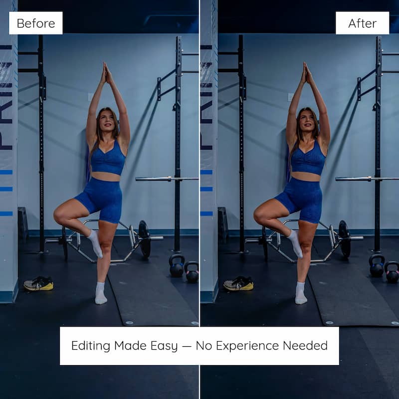 Before and after comparison of a woman in a blue workout outfit performing a yoga pose in a gym, Edited With Fitness Lightroom Preset