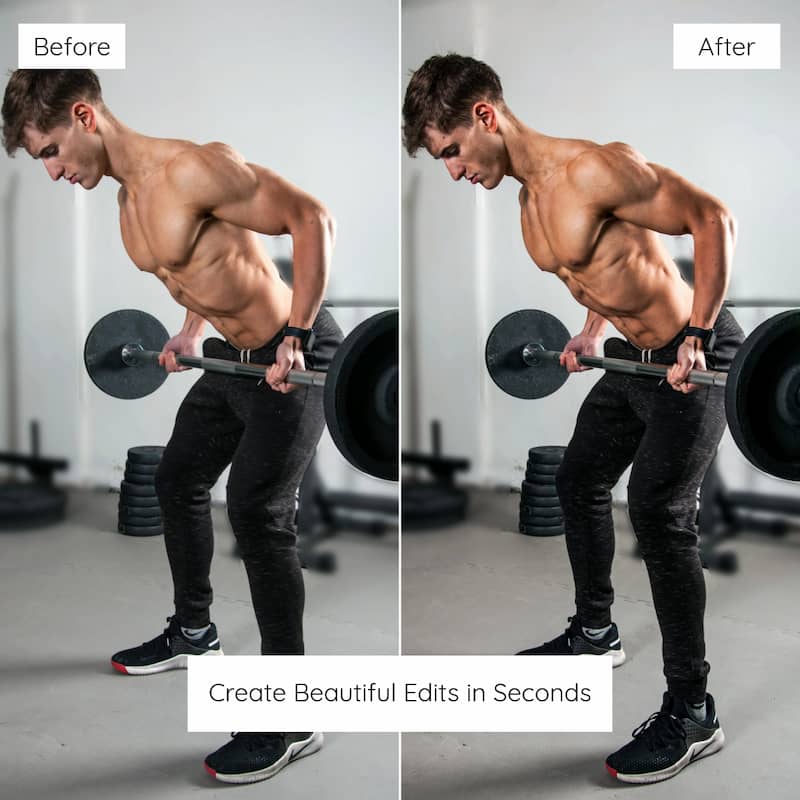 Before and after comparison of a man lifting weights Edited With Fitness Lightroom Presets