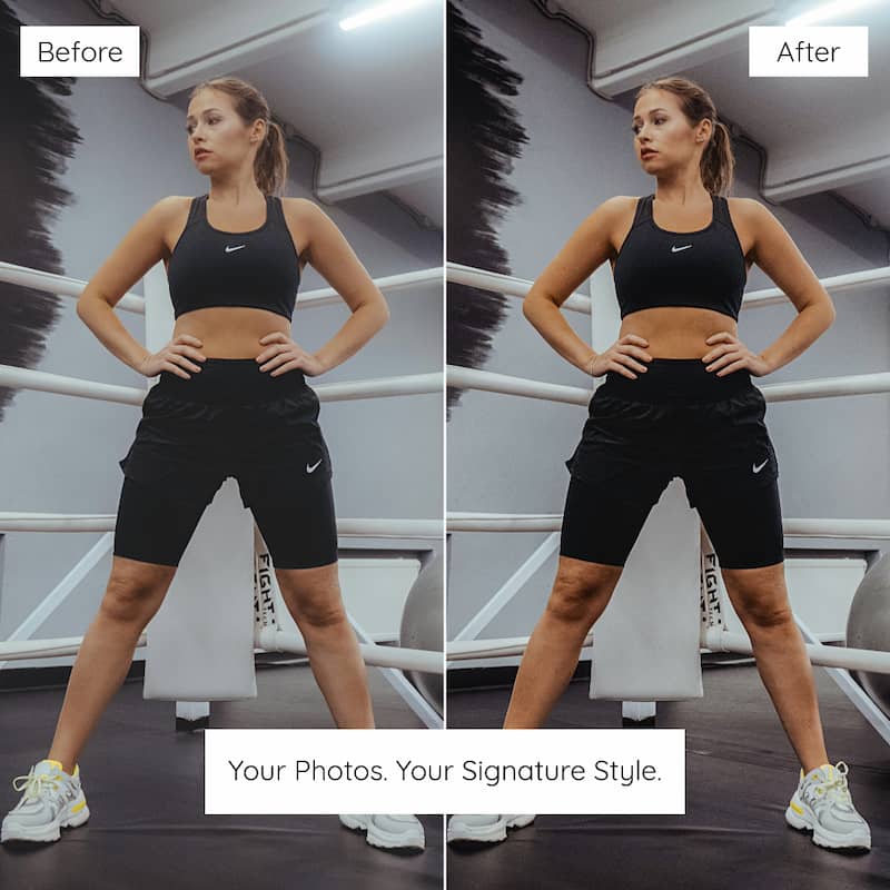 Before and after comparison of a woman in athletic wear with a blurred background, Enhanced With Fitness Lightroom Preset