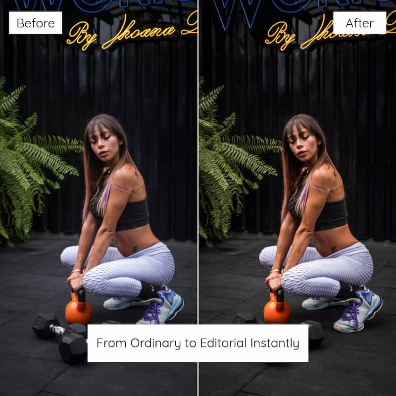 Before and after comparison of a woman exercising with kettlebells, Enhanced With Fitness Lightroom Presets