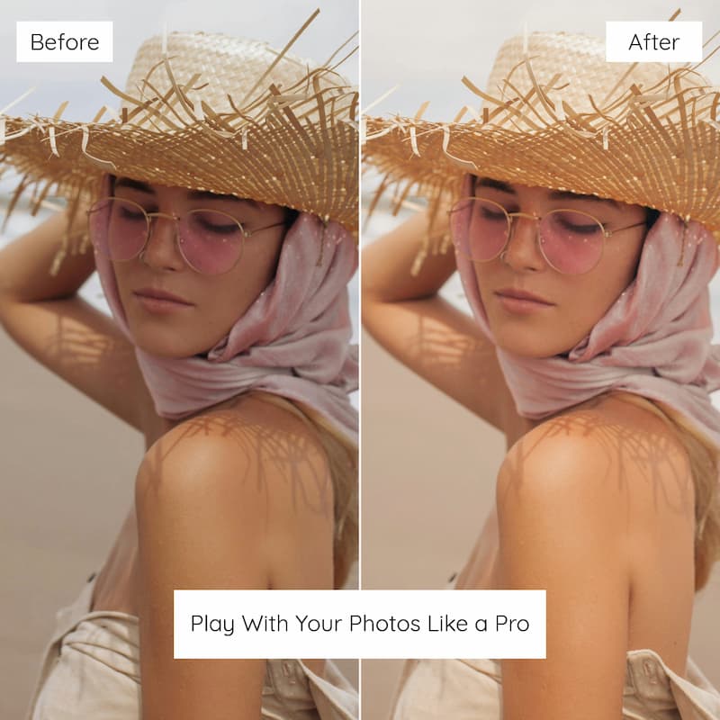 Before and after comparison of a woman wearing a straw hat and pink scarf edited with Fujifilm Pro Look Preset Collection.