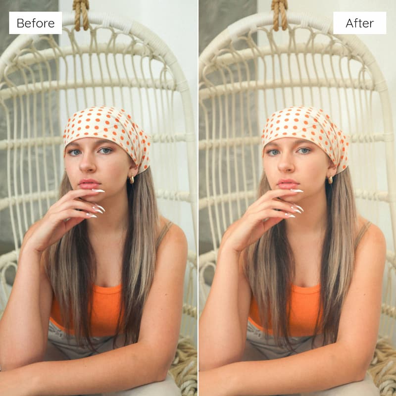Before and after comparison of a woman wearing an orange patterned headscarf edited with Fujifilm Pro Look Video LUTs.