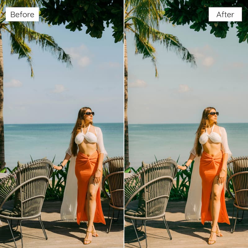 Before and after comparison of a woman in an orange outfit standing on a beach edited with Fujifilm Pro Look Video LUTs.