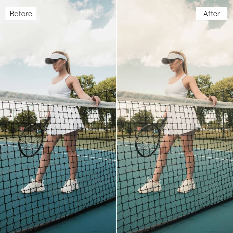 Before and after comparison of a woman on a tennis court with a net edited with Fujifilm Pro Look Video LUTs.