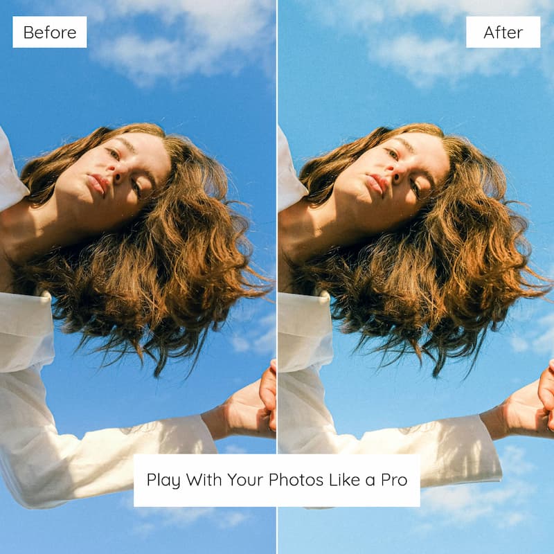 Before and after comparison of a person with hair against a blue sky edited with Fuji Provia Look Preset Collection.