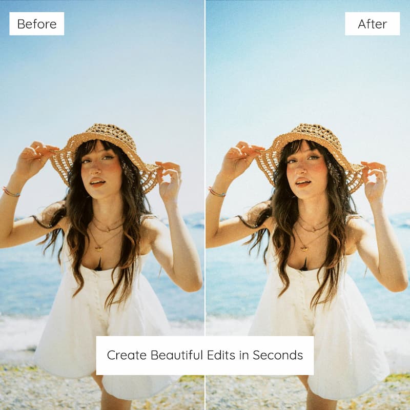 Before and after comparison of a woman with a straw hat on a beach edited with Fuji Provia Look Preset Collection.