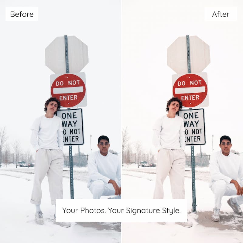 Before and after comparison of a photo editing effect on a snowy scene with people and traffic signs edited with Fuji Provia Look Preset Collection.