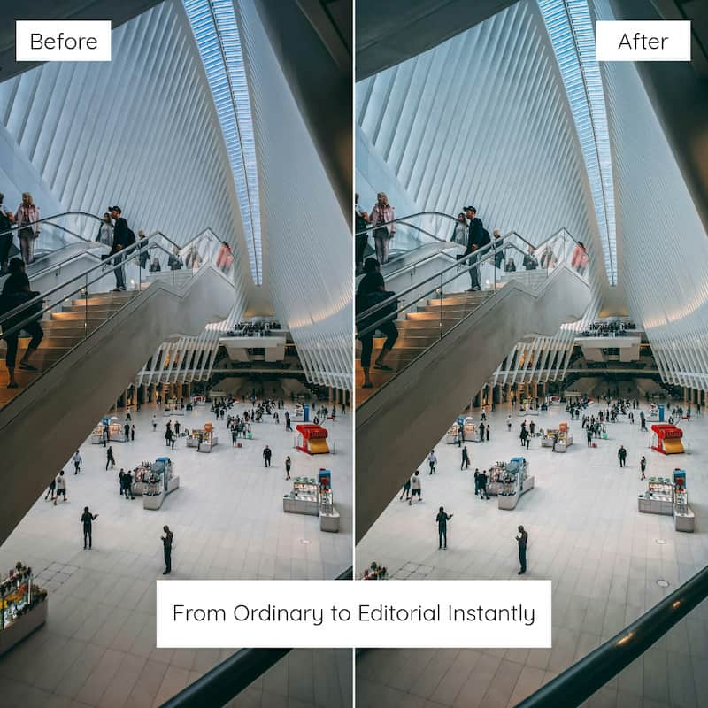 Before and after comparison of a modern architectural interior with people using escalators edited with Fuji Provia Look Preset Collection.