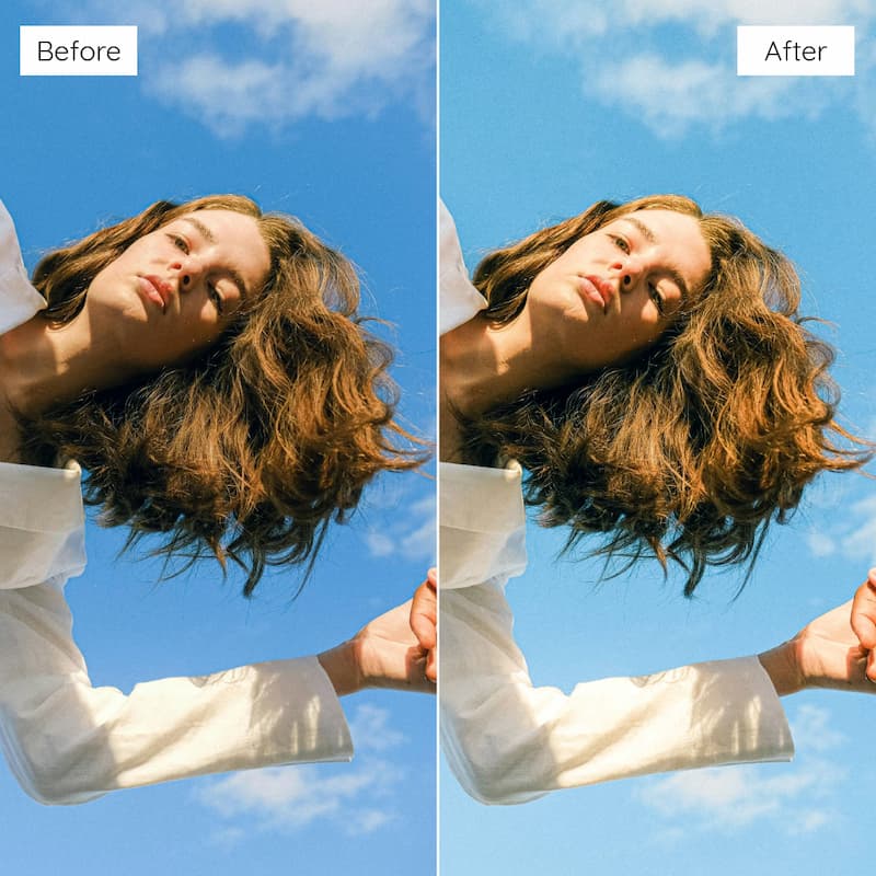 Before and after comparison of a person with long hair against a blue sky edited with Fuji Provia Look Video LUTs.