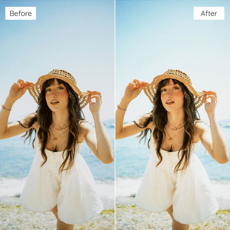 Before and after comparison of a woman on a beach wearing a straw hat edited with Fuji Provia Look Video LUTs.