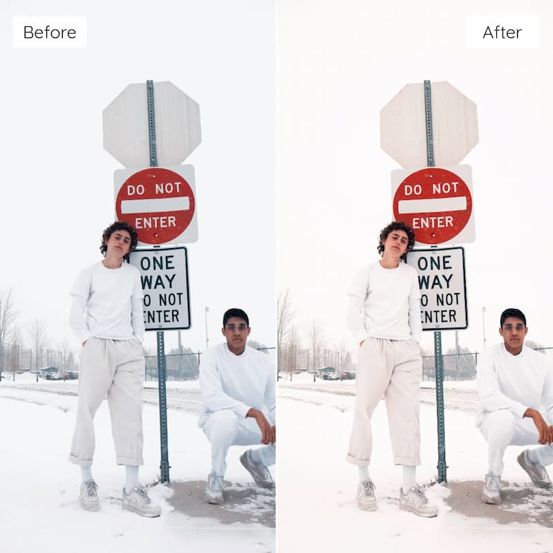 Before and after comparison of two people posing with traffic signs in a snowy landscape edited with Fuji Provia Look Video LUTs.