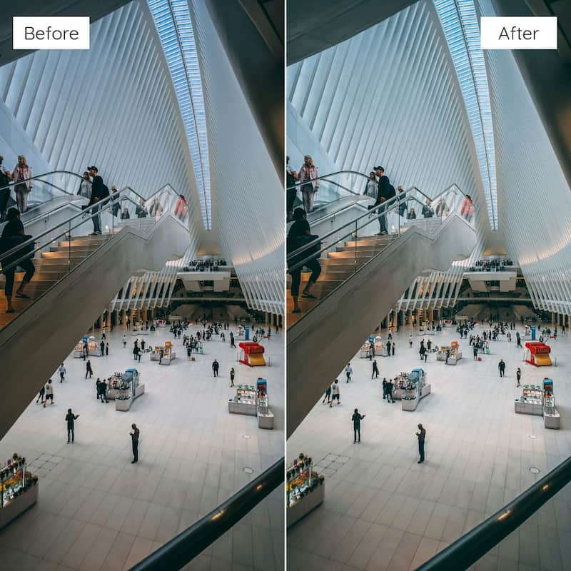 Side-by-side comparison of a large indoor public space with people using escalators and walking around edited with Fuji Provia Look Video LUTs.
