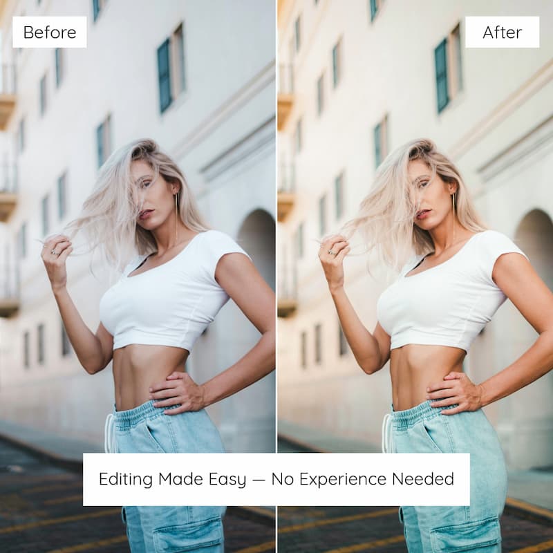 Before and after comparison of a woman posing outdoors edited with Fuji Superia Look Preset Collection.