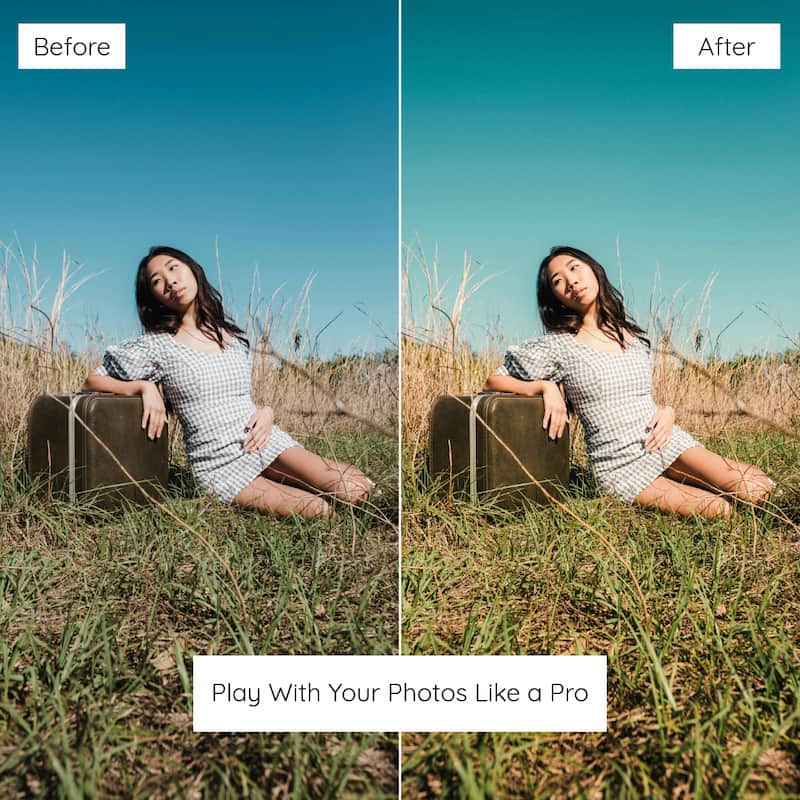 Before and after comparison of a woman sitting in a field edited with Fuji Superia Look Preset Collection.
