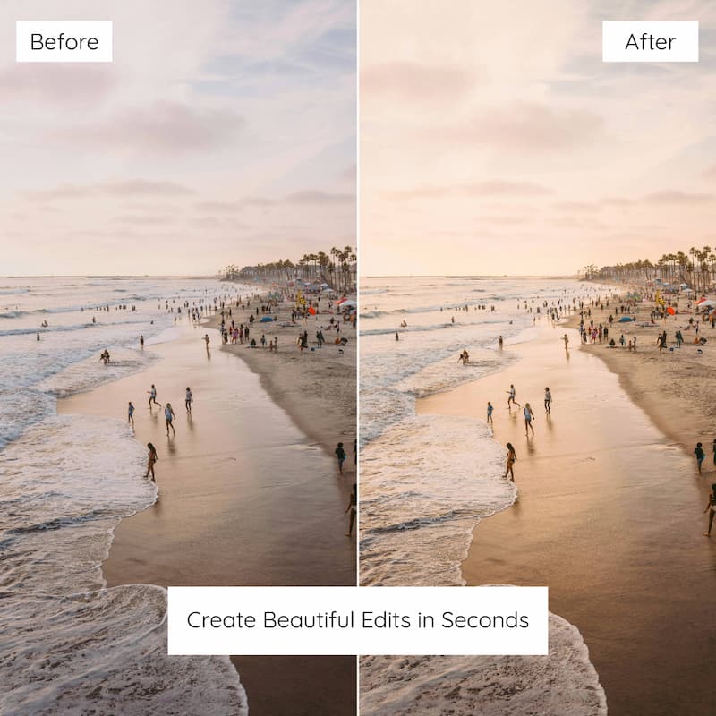 Before and after comparison of a beach scene edited with Fuji Superia Look Preset Collection.