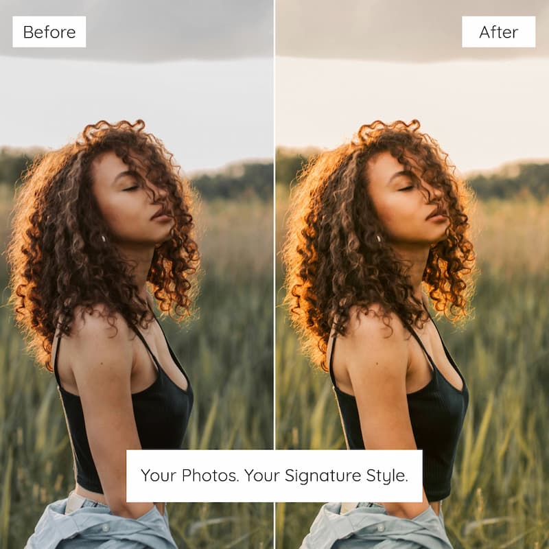 Before and after comparison of a woman in a field edited with Fuji Superia Look Preset Collection.