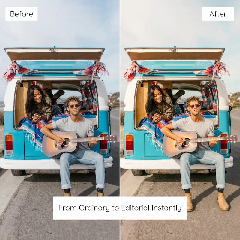 Before and after comparison of two people with a guitar in a van edited with Fuji Superia Look Preset Collection.