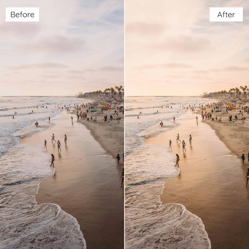 Before and after comparison of a beach scene edited with Fuji Superia Look Video LUTs.