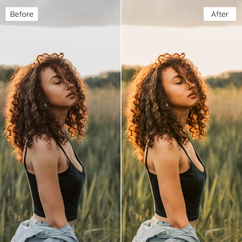 Before and after comparison of a woman in a field edited with Fuji Superia Look Video LUTs.