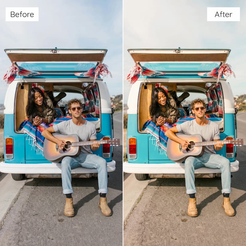 Before and after comparison of two people sitting in a van with an open trunk edited with Fuji Superia Look Video LUTs.