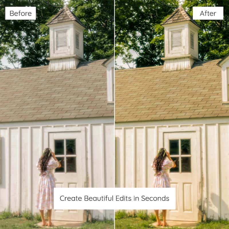 Before and after comparison of a woman standing in front of a white building with a cupola edited with Fuji Velvia Film Preset Collection.