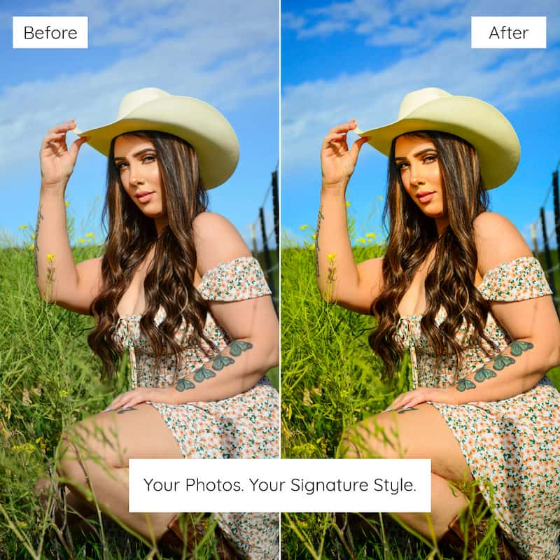 Before and after comparison of a woman in a field with a hat edited with Fuji Velvia Film Preset Collection.