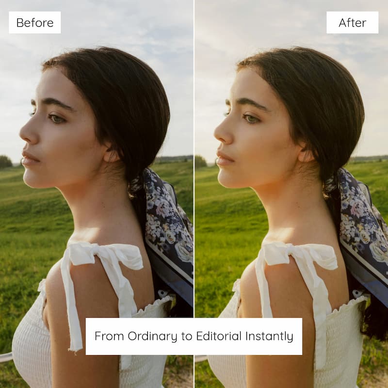 Before and after comparison of a woman in a field edited with Fuji Velvia Film Preset Collection.
