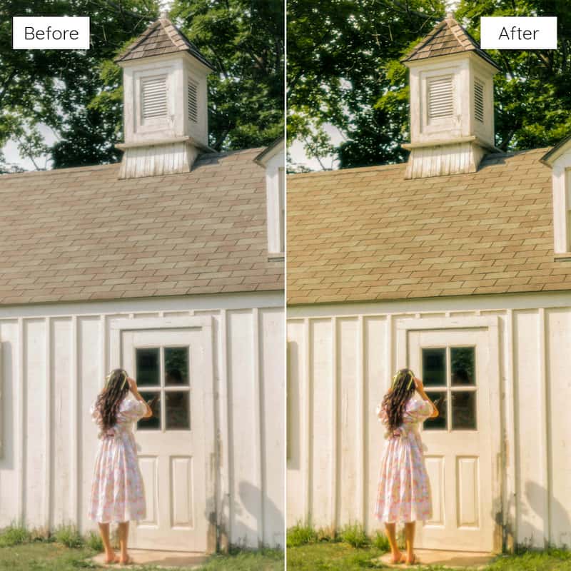 Before and after comparison of a woman in a dress standing in front of a white building with a cupola edited with Fuji Velvia Look Video LUTs.