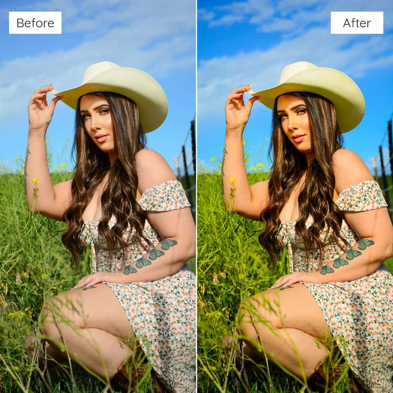 Before and after comparison of a woman in a floral dress and hat sitting in grass edited with Fuji Velvia Look Video LUTs.