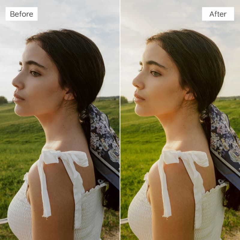 Before and after comparison of a woman in a field with a blurred background edited with Fuji Velvia Look Video LUTs.