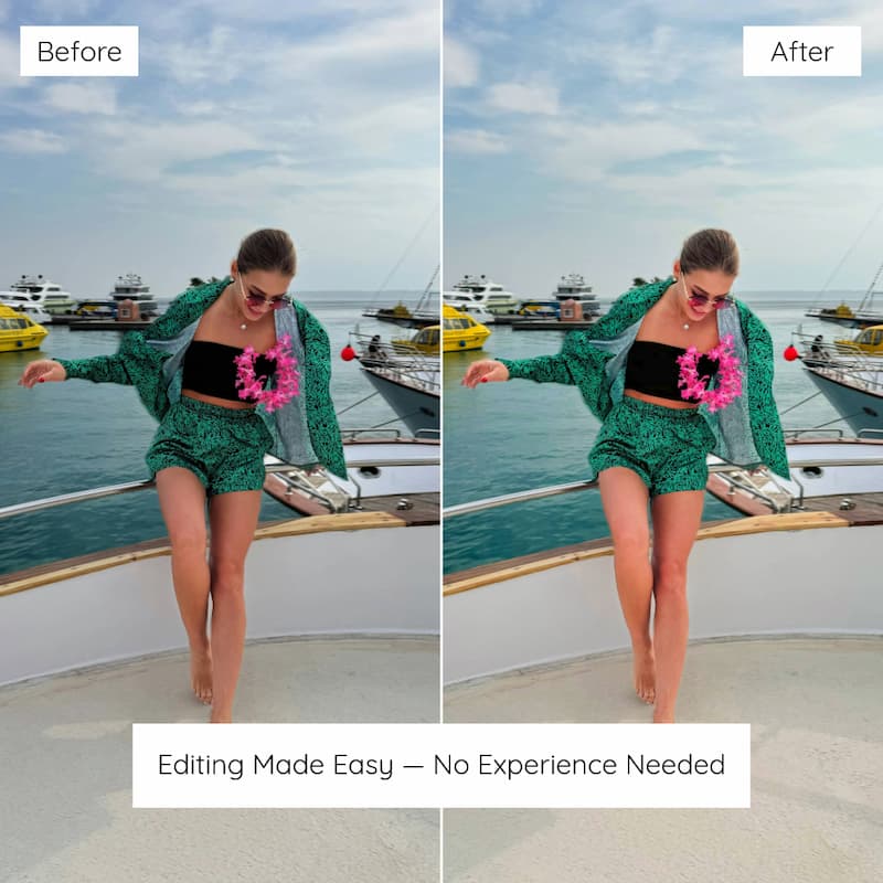 Before and after comparison of a person on a boat edited with Fujicolor Look Preset Collection.