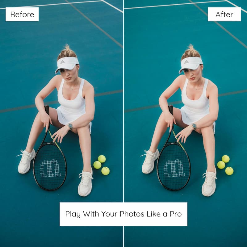 Before and after comparison of a tennis player on a court edited with Fujicolor Look Preset Collection.
