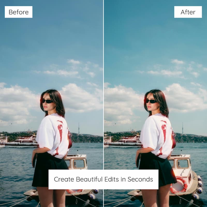 Before and after comparison of a person by a waterfront edited with Fujicolor Look Preset Collection.