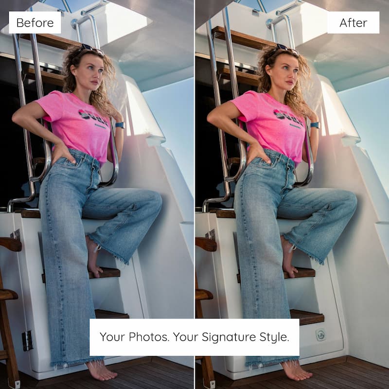 Before and after comparison of a woman sitting on stairs wearing a pink shirt and blue jeans edited with Fujicolor Look Preset Collection.