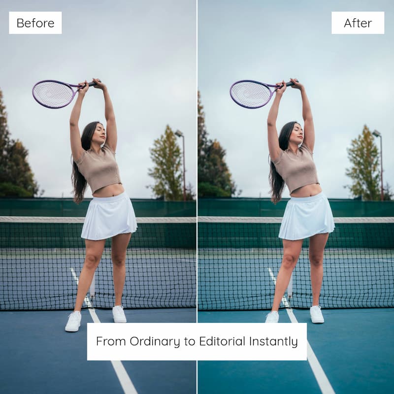 Before and after comparison of a woman on a tennis court edited with Fujicolor Look Preset Collection.
