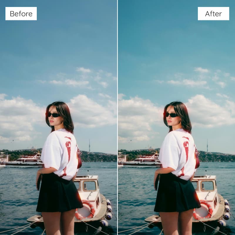 Before and after comparison of a woman by a boat with a clear sky edited with Fujicolor Look Video LUTs.