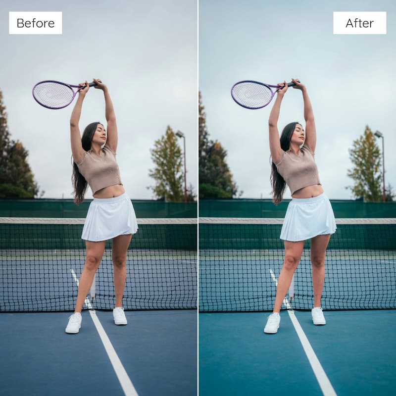 Before and after comparison of a woman holding a tennis racket on a tennis court edited with Fujicolor Look Video LUTs.