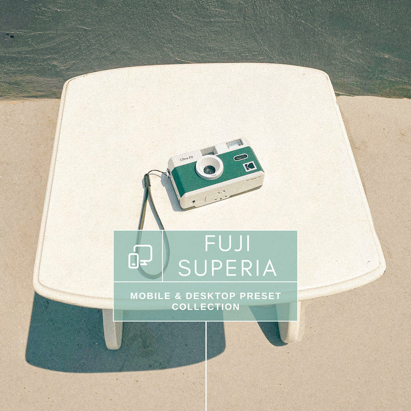 Fuji Superia Lightroom preset cover – retro film look with camera on white table
