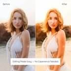 Before and after comparison of a woman in a white bikini on a beach edited with golden Boho Lightroom Preset