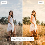 Before and after comparison of a woman in a white dress standing in a field edited with golden Boho Lightroom Preset