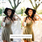 Before and after comparison of a woman in a green dress edited with golden Boho Lightroom Preset