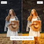 Before and after comparison of a woman holding a straw hat in a field with added warmth to the image edited with golden Boho Lightroom Preset