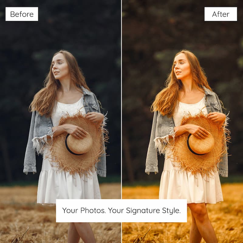 Before and after comparison of a woman holding a straw hat in a field with added warmth to the image edited with golden Boho Lightroom Preset