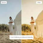 Before and after comparison of a woman in a white dress standing in a field edited with golden Boho Lightroom Preset