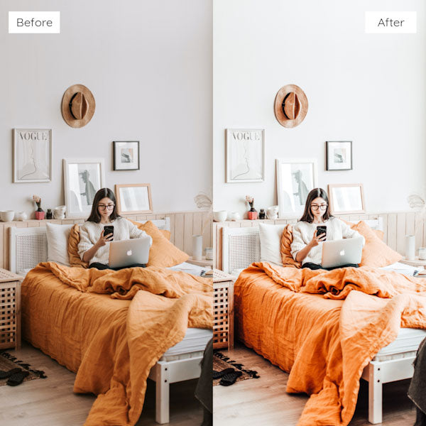 Before and after using Lightroom Presets for creating a moody, cinematic look.